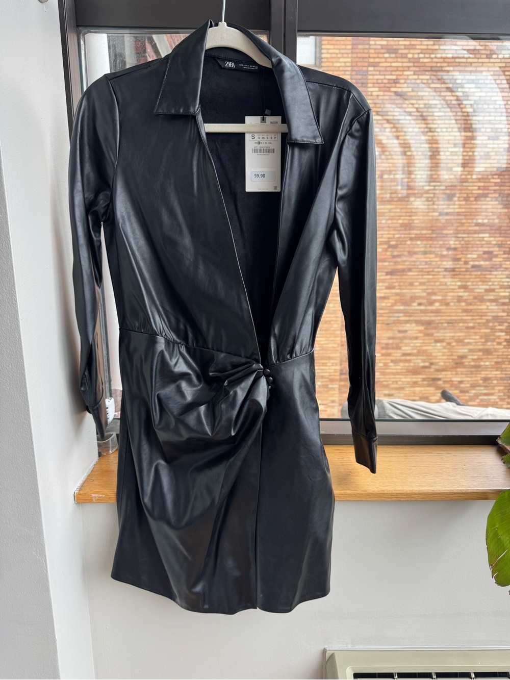 Zara Black Faux Leather Knot-Front Long Sleeve Jacket